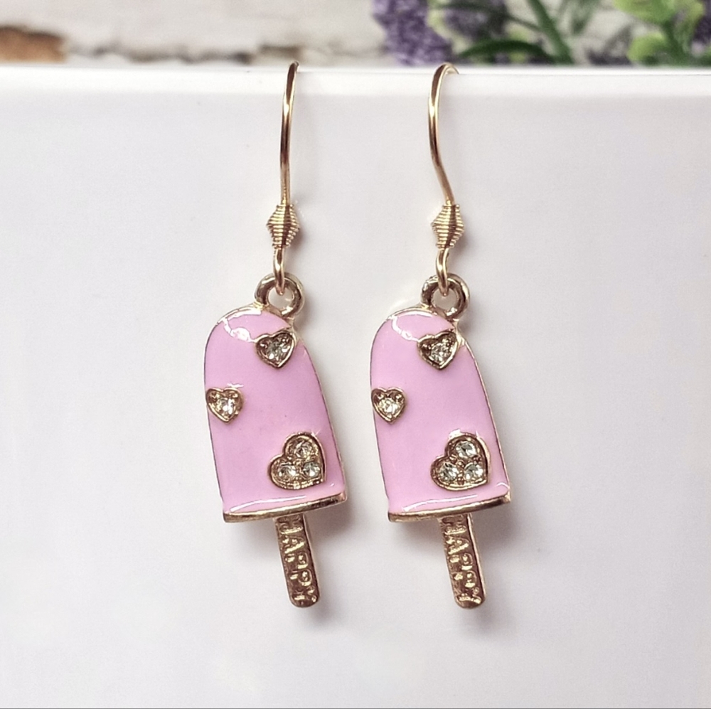 Pink Ice Cream Bar Dangle Hook Earrings with Jewels